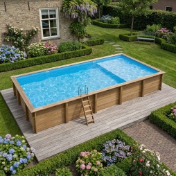 Piscine en bois AQUA 10.2 x 5.2 - H.1.45 m avec plage, bleu pâle, fixations à visser