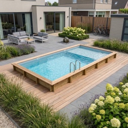Piscine en bois AQUA 10.2 x 5.2 - H.1.45 m avec plage, gris clair, fixations à visser