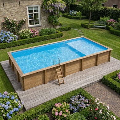 Piscine en bois AQUA 10.2 x 5.2 - H.1.45 m avec plage, bleu pâle, cadre en métal - sans dalle 2