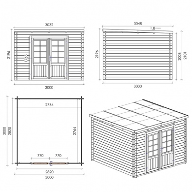 Abri de jardin en bois - 9m2 - 3x3m - Traité - Ep. 28mm - Couleur: vert 2