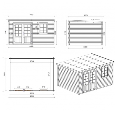 Abri de jardin en bois - 12m2 - 4x3m - Traité - Ep. 28mm - Couleur: vert 2